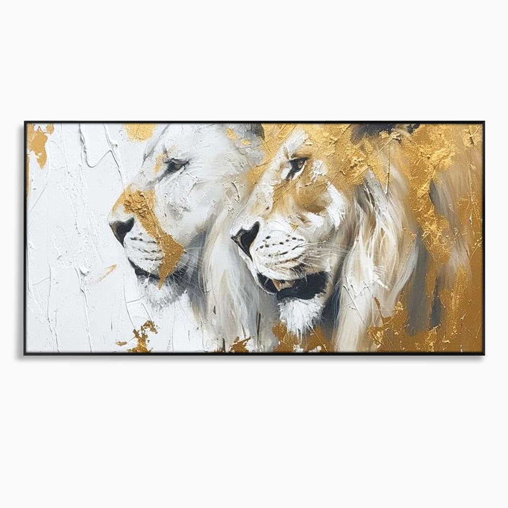 Tablou canvas cu tablou canvas cu doi lei si accente aurii, in rama de aluminiu negru
